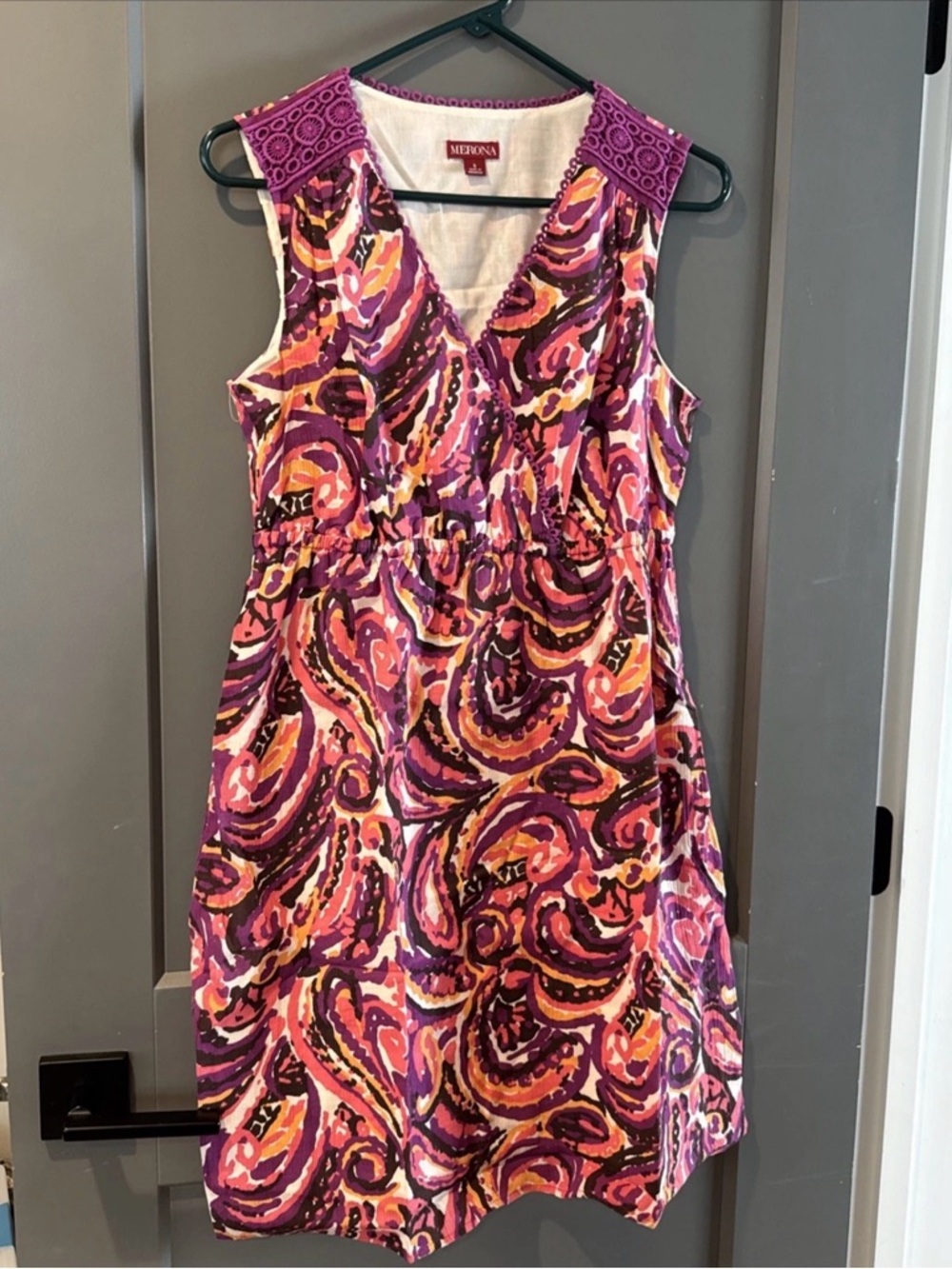 Merona small women’s cinched waist a line dress purple crochet accent lining